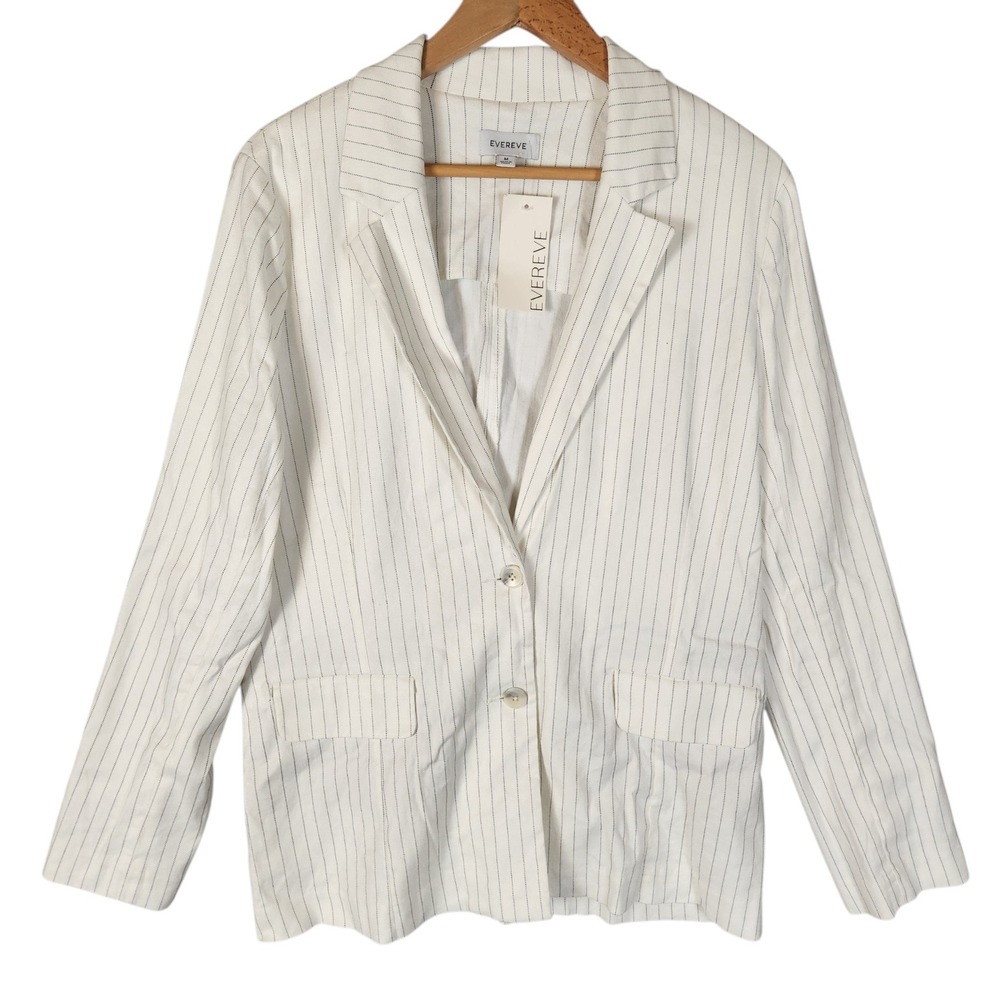 Evereve Taylor Pinstripe Blazer Women's Size M Ivory Navy Linen Blend NWT
